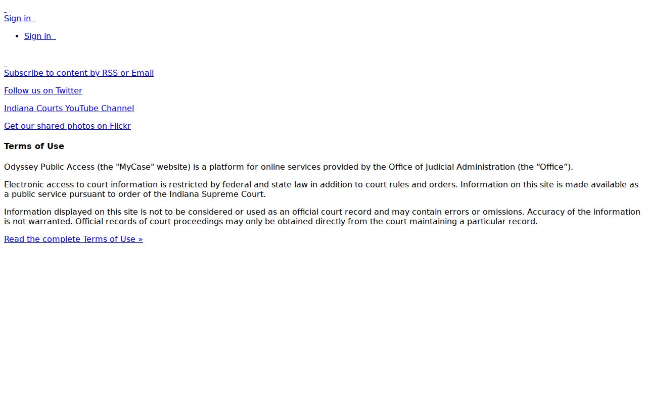Indiana MyCase case, name, and attorney search tabs