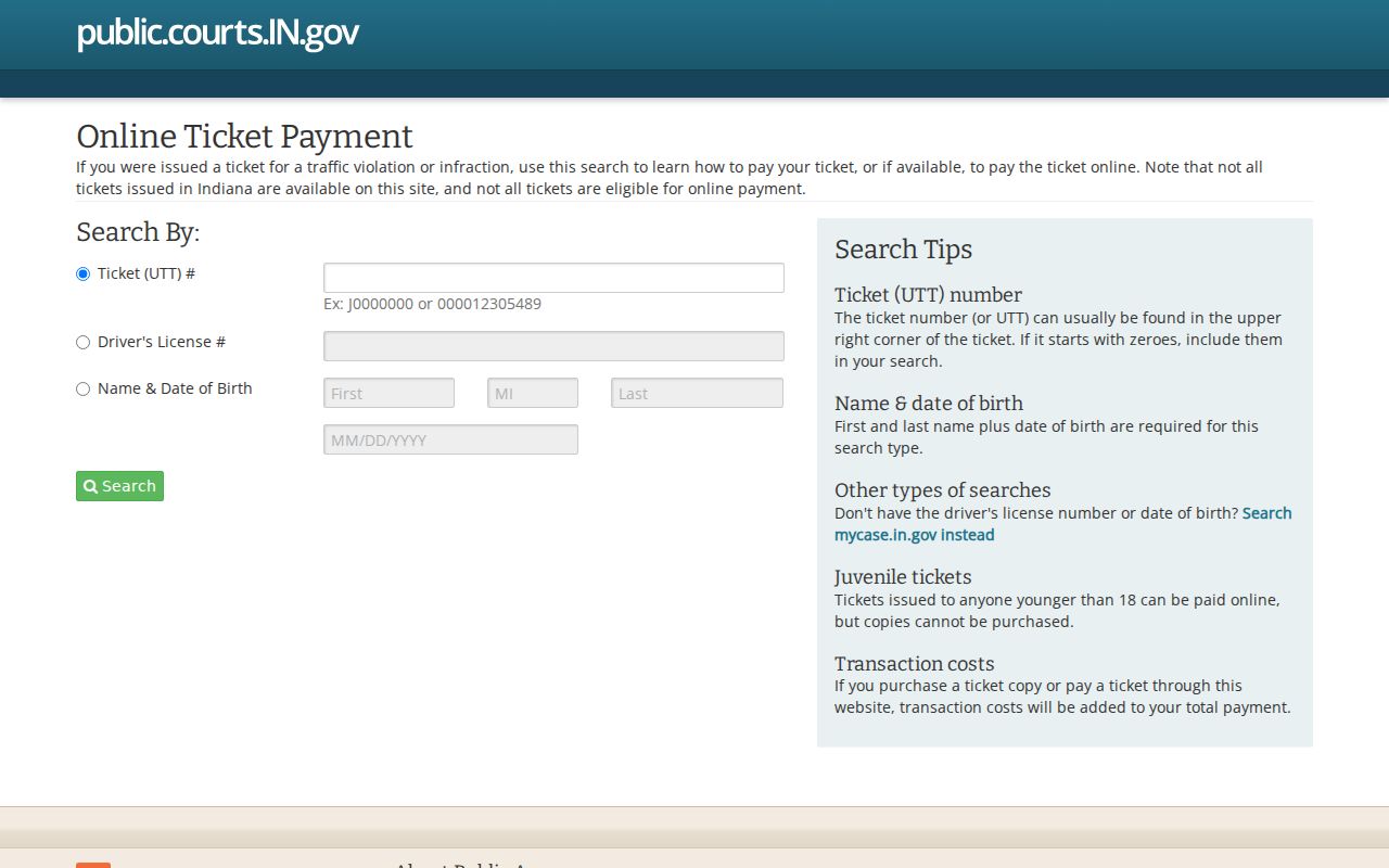 Indiana traffic ticket search and payment interface